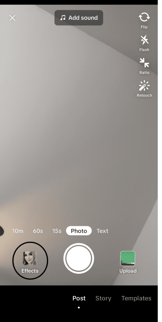 TikTok's menu options when recording a video - the effects option is on the bottom left of the screen.