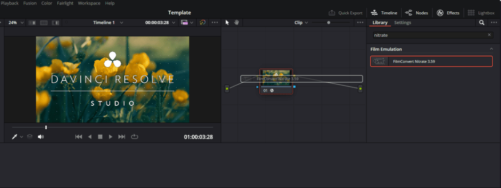 A screenshot showing how to drag-and-drop the FilmConvert Nitrate plugin's effect onto a node.