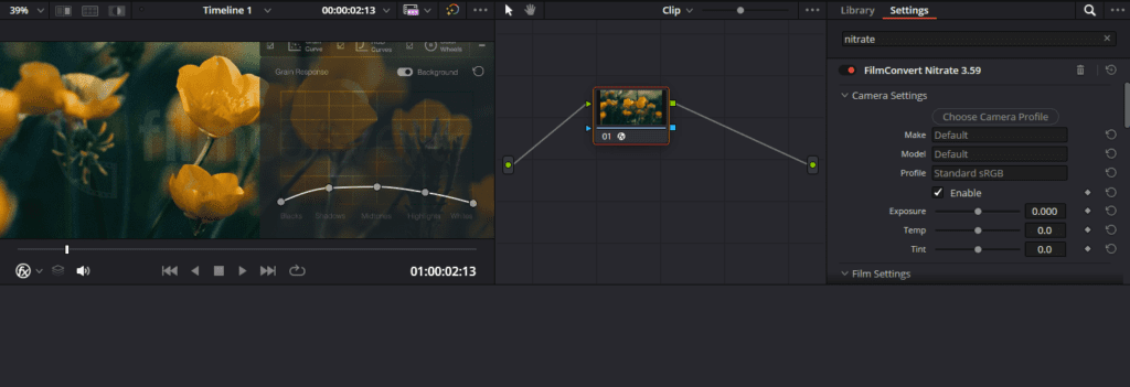 A screenshot of DaVinci Resolve showing the interface for editing clips with FilmConvert Nitrate plugin.