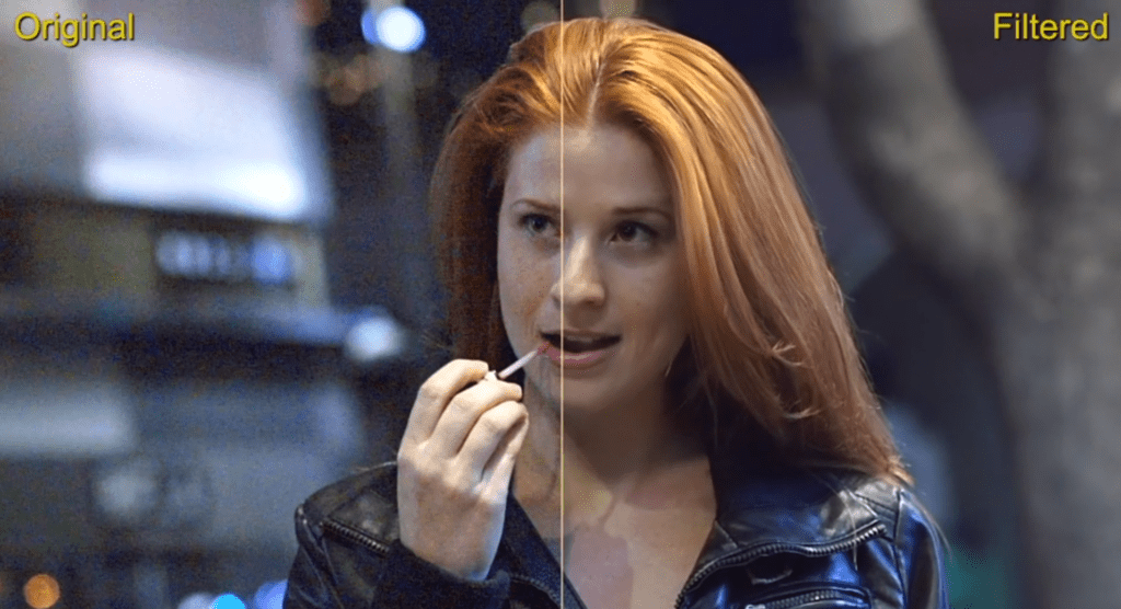 A screenshot showing the before and after of applying Neat Video's noise reduction to a grainy clip.