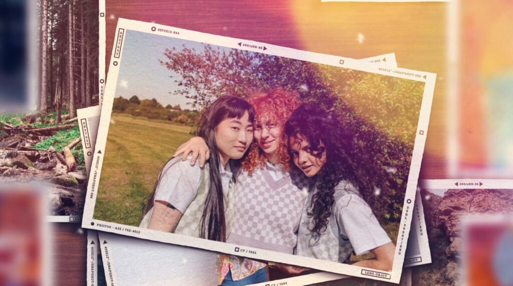 Screenshot of the memories photo slideshow template for Premiere Pro, showing a stack of photos on top of each other with a bokeh effect