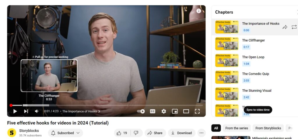 Screenshot of a YouTube video with chapters that are shown in the progress bar and to the right in a playlist format.
