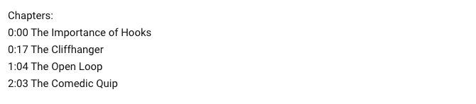 Example of how to add chapters to YouTube videos.