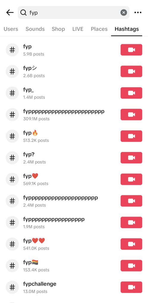Screenshot of the top fyp related hashtags on TikTok.