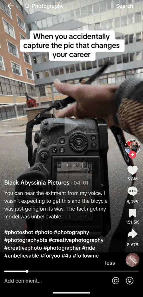 Screenshot of a top performing video from a photographer on TikTok with the full description shown.