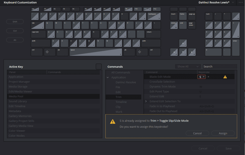 Screenshot of the keyboard customization menu with a notification that shows a command is already assigned.