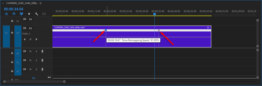 A screenshot of the Timeline in Premiere Pro after creating two key frames.