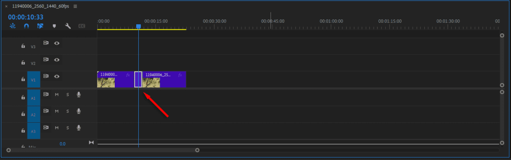 A screenshot of the Timeline in Premiere Pro after inserting a frame hold segment.