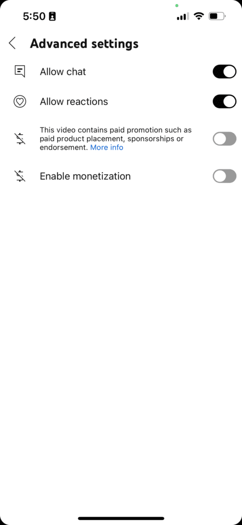 Screenshot of advanced settings options for YouTube live.