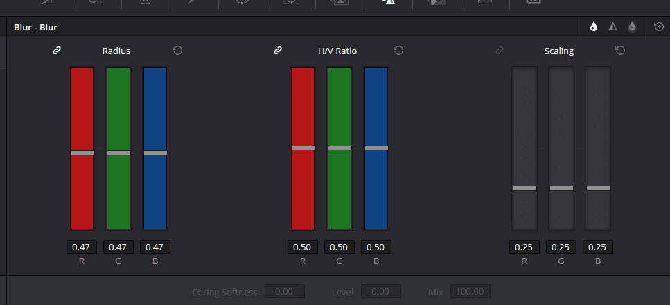 Screenshot showing the blur tab options in Resolve