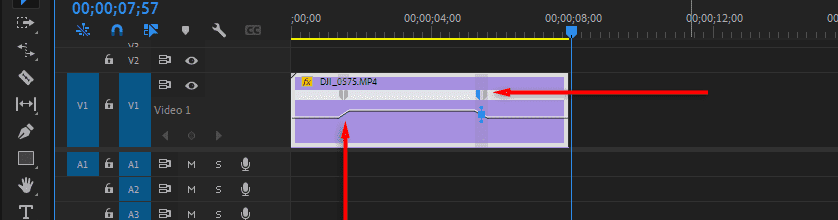 A screenshot of Premiere Pro's timeline showing how to split keyframes.