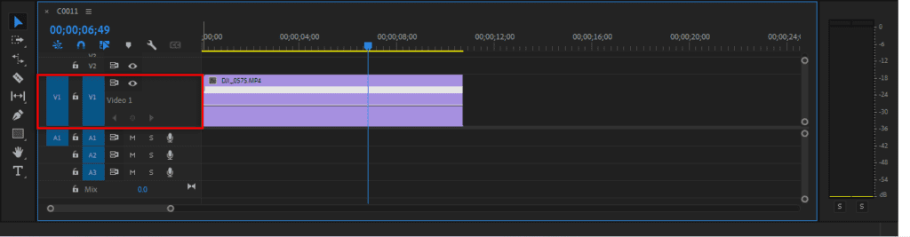 A screenshot of Premiere Pro's timeline showing where to double-click to expand the track height.