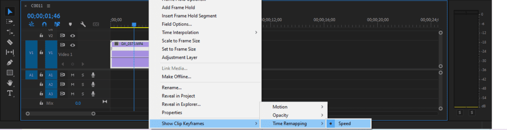 A screenshot of Premiere Pro's timeline showing how to Show Clip Keyframes for speed.