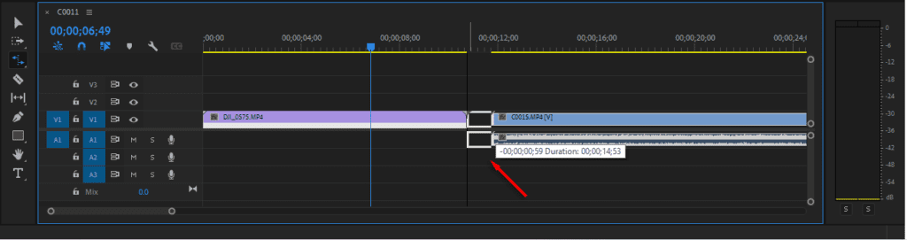 A screenshot of Premiere Pro's timeline showing how to drag a clip using the Rate Stretch tool.