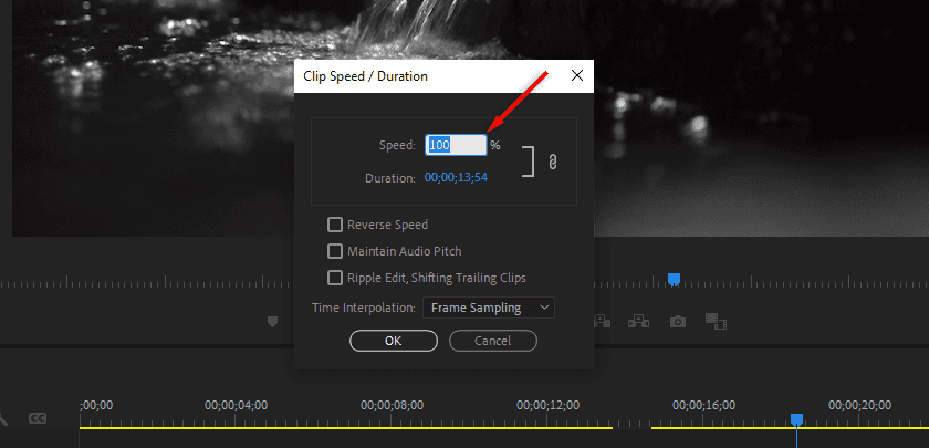 A screenshot of Premiere Pro's Clip Speed / Duration window showing where to increase the clip's speed.