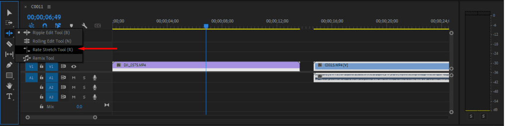 A screenshot of Premiere Pro's timeline showing how to select the Rate Stretch tool.