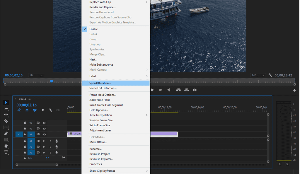 A screenshot of Premiere Pro's timeline showing how to open the Speed / Duration window.