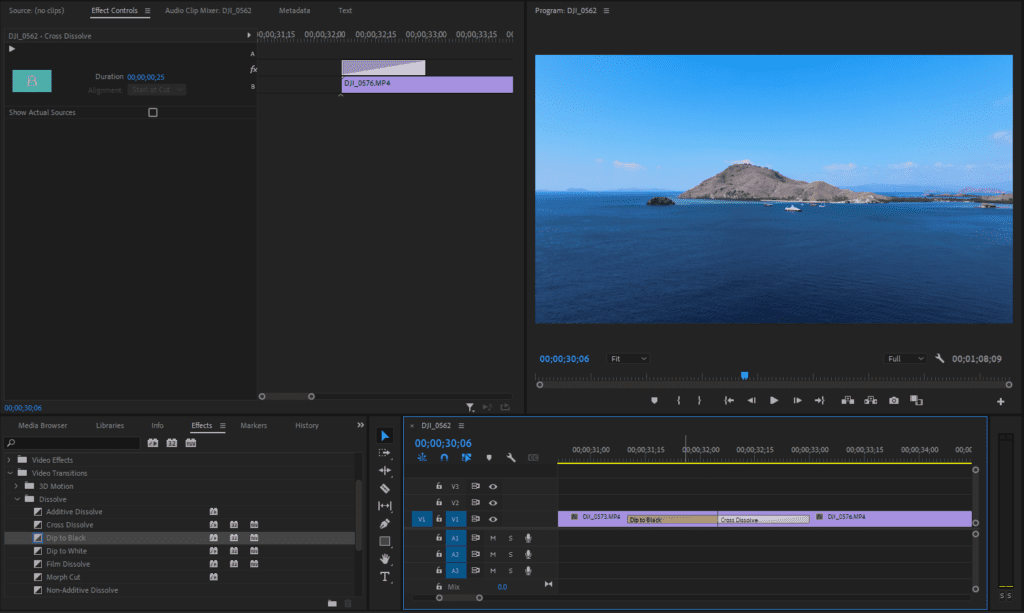 A screenshot of the Premiere Pro Effect Controls panel showing how to set a transition to Start or End at Cut and create a single-sided transition.
