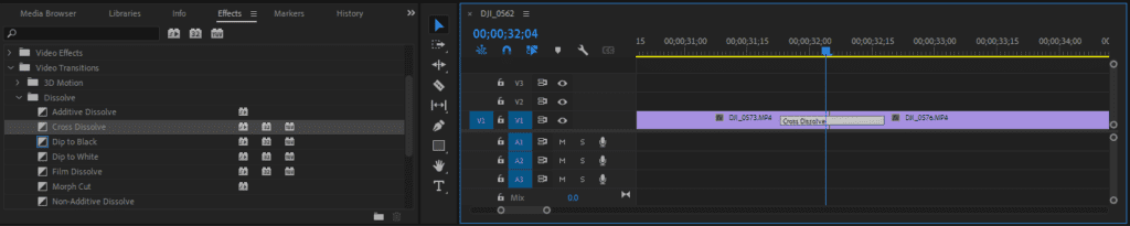 A screenshot of Premiere Pro's Timeline showing what the Transition box looks like once you've applied a transition.