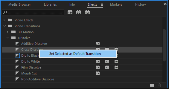A screenshot of the Premiere Pro workspace showing how to set a Video Transition as default.