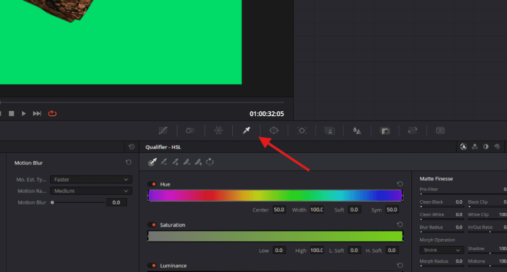 Screenshot of a green screen footage clip with the eyedropper tool pointed out on the Color page.