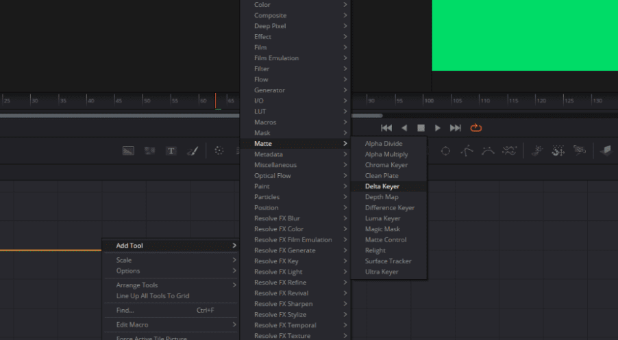 Screenshot of the menu displays of nodes in the Fusion tab of resolve.