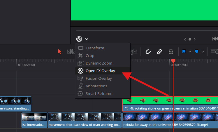 Screenshot of the Effect drop-down menu with Open FX Overlay highlighted.