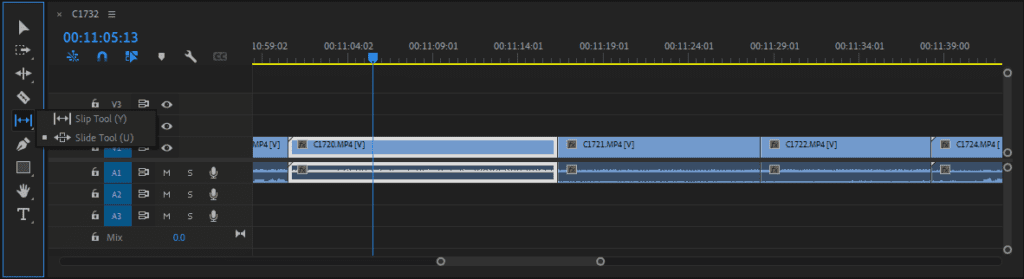 A screenshot of Premiere Pro's Timeline showing how to select the Slide Tool from the Toolbar.