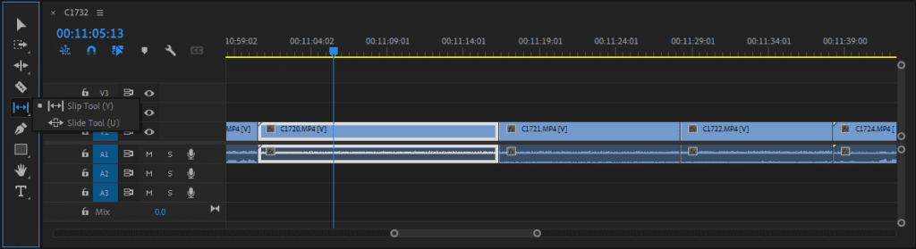 A screenshot of Premiere Pro's Timeline showing how to select the Slip Tool from the Toolbar.
