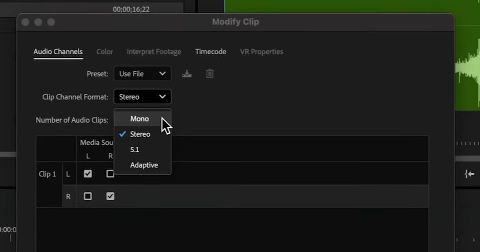 Screenshot of the Modify Clip window with the drop-down for Clip Channel Format selected