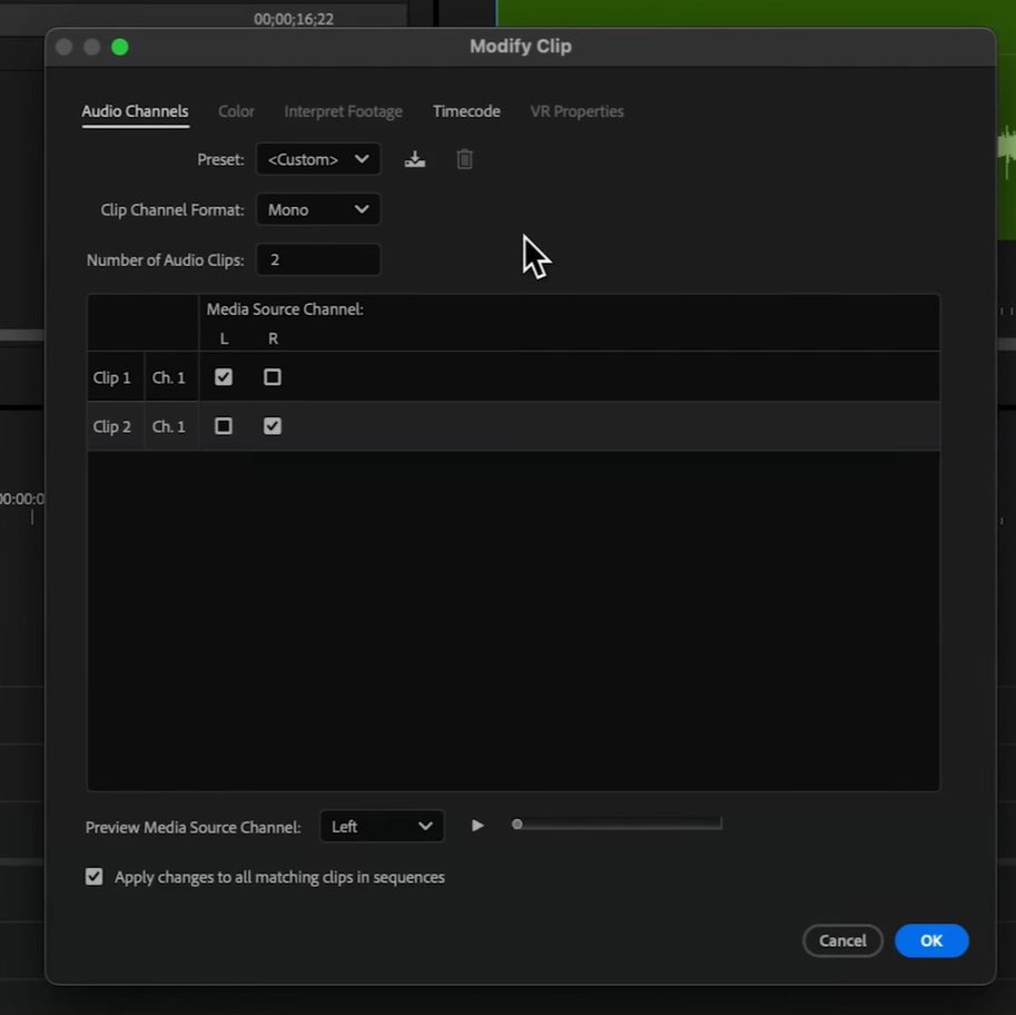 Screenshot of the Modify Clip window with Clip Channel Format set to Mono and the number of audio clips set to 2.