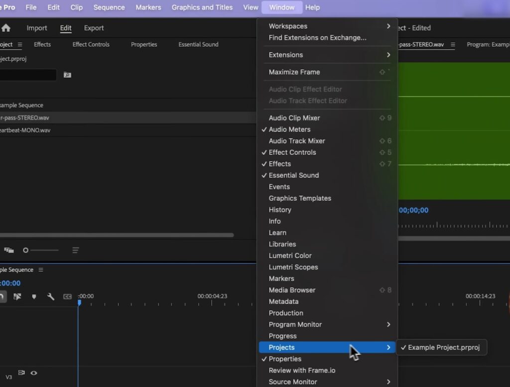Screenshot of the Window drop-down menu in Premiere Pro with Projects highlighted.