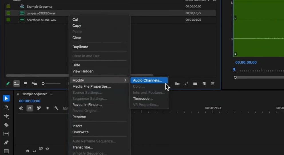Screenshot of Premiere Pro with Modify > Audio Channels... selected