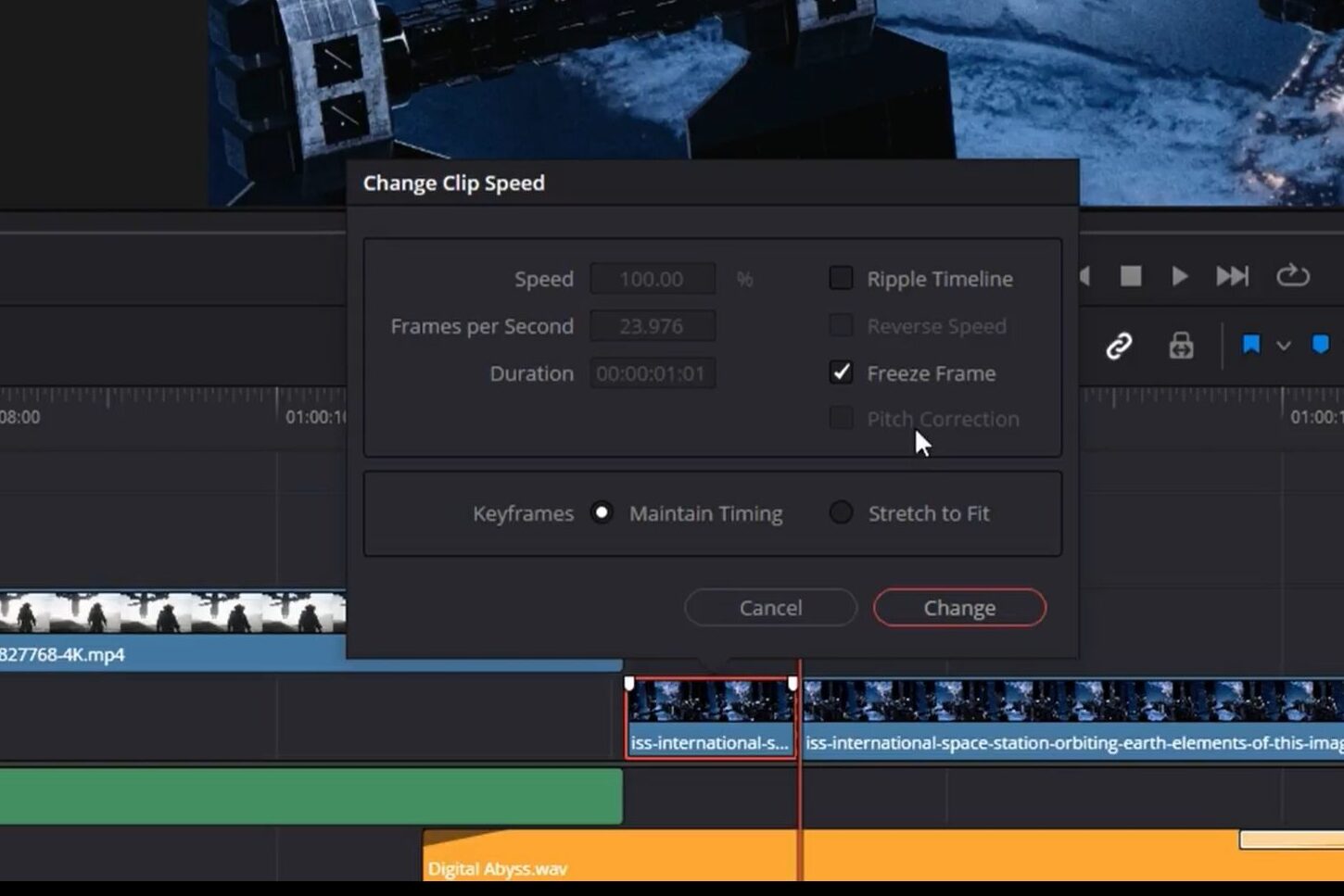 Change Clip Speed menu in DaVinci Resolve with Freeze Frame selected.