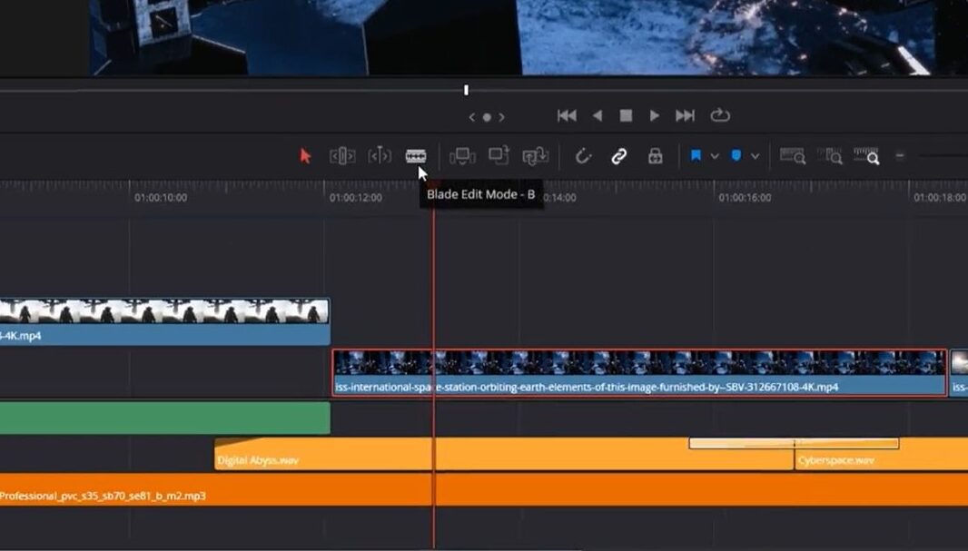 Screenshot showing the Blade Edit Mode button in Resolve.