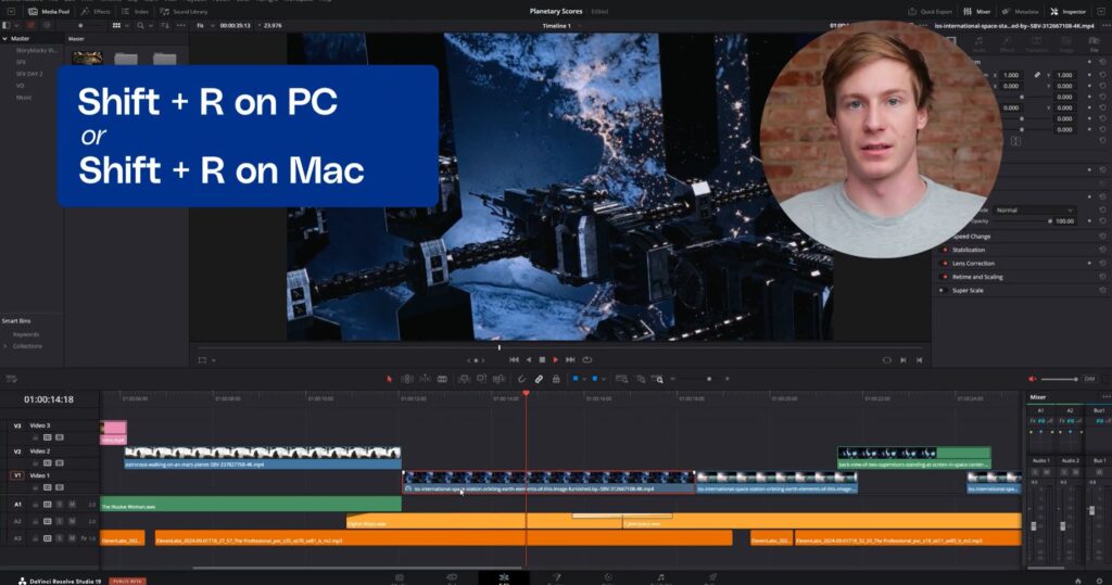Screenshot showing a frozen clip on the timeline in DaVinci Resolve.