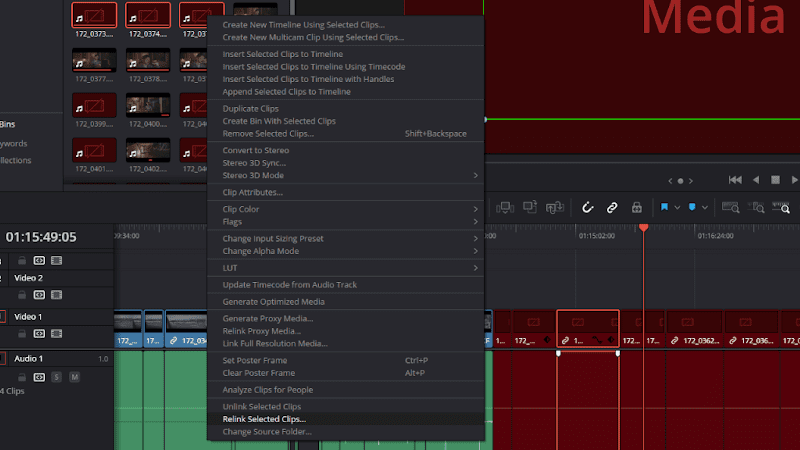 Screenshot of DaVinci Resolve showing the menu options for right-clicking on offline media clips.
