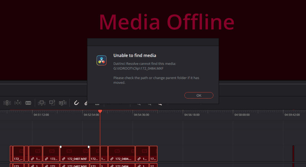 Screenshot of DaVinci Resolve with a media offline error and unable to find media popup