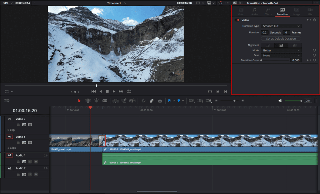 A screenshot of DaVinci Resolve's Inspector panel, showing where to find key settings that alter your transition's duration, alignment, and more.