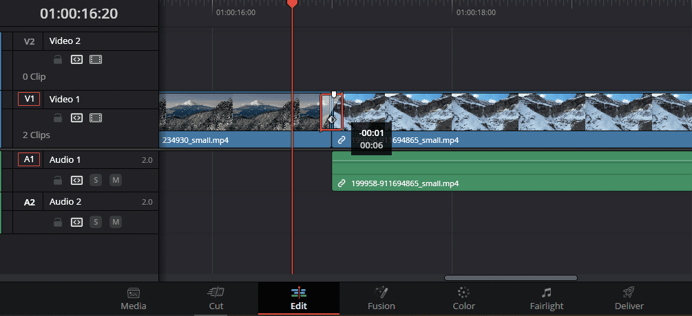 A screenshot of DaVinci Resolve's Timeline, showing how to extend or shorten a transition by dragging in or out from its edge.