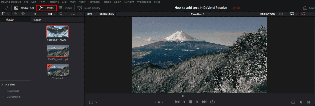 A screenshot of DaVinci Resolve's Edit page, showing where to select the Effects tab where you can find the Video Transitions.