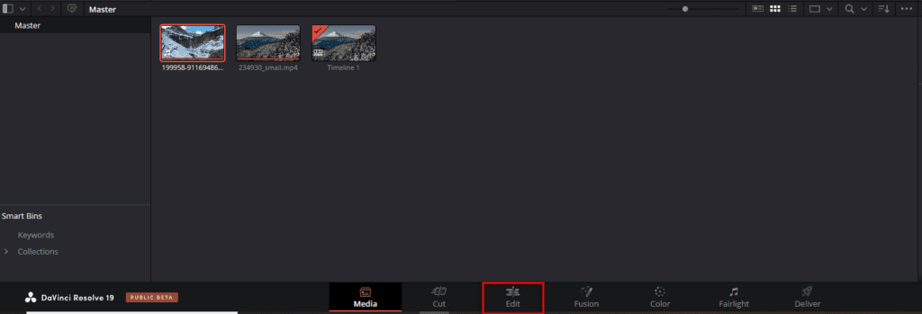 A screenshot of Davinci Resolve's interface, showing how to select the Edit page.