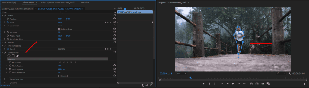 A screenshot of Premiere Pro's Effect Controls panel, showing how to access the masking settings.