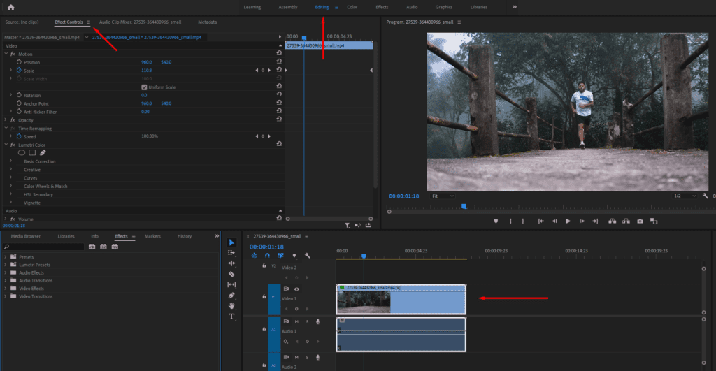 Premiere Pro's Editing workspace, showing how to access Effect Controls.