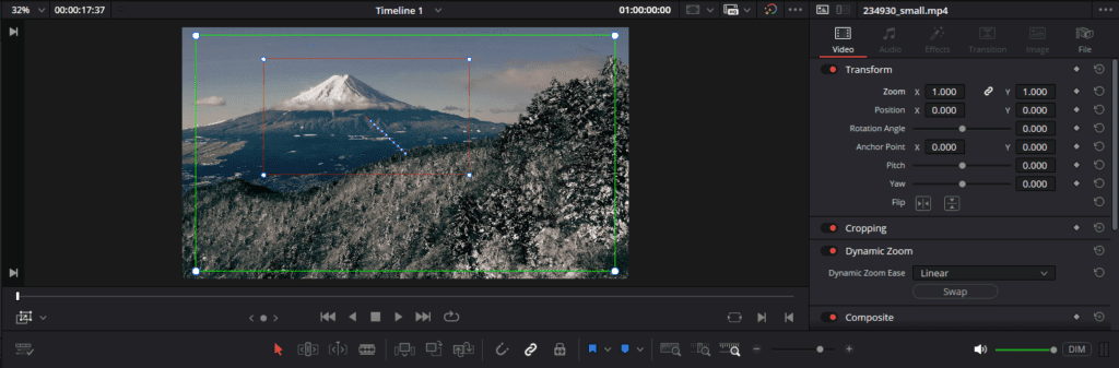 A screenshot of DaVinci Resolve's viewer showing the green and red boxes.