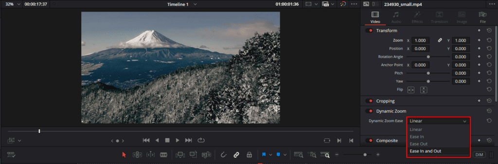 A screenshot of DaVinci Resolve's Dynamic Zoom Ease drop-down menu showing the different animation options.