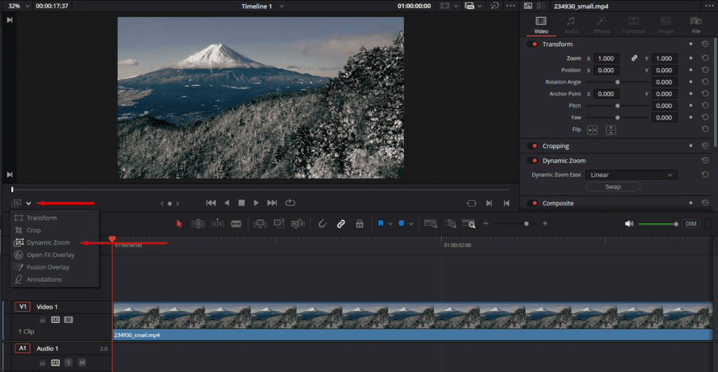 DaVinci Resolve's Dynamic Zoom settings in the viewer window.