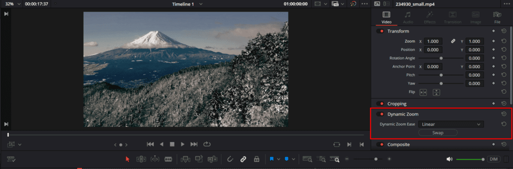 DaVinci Resolve's Inspector panel showing where to enable Dynamic Zoom.