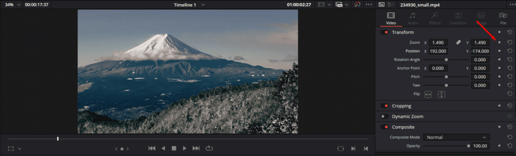 A screenshot of DaVinci Resolve's Inspector panel showing the diamond icon that lets you place keyframes.