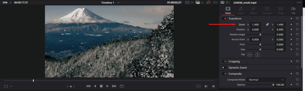 A screenshot of DaVinci Resolve's Inspector panel highlighting higher Zoom X and Y settings.